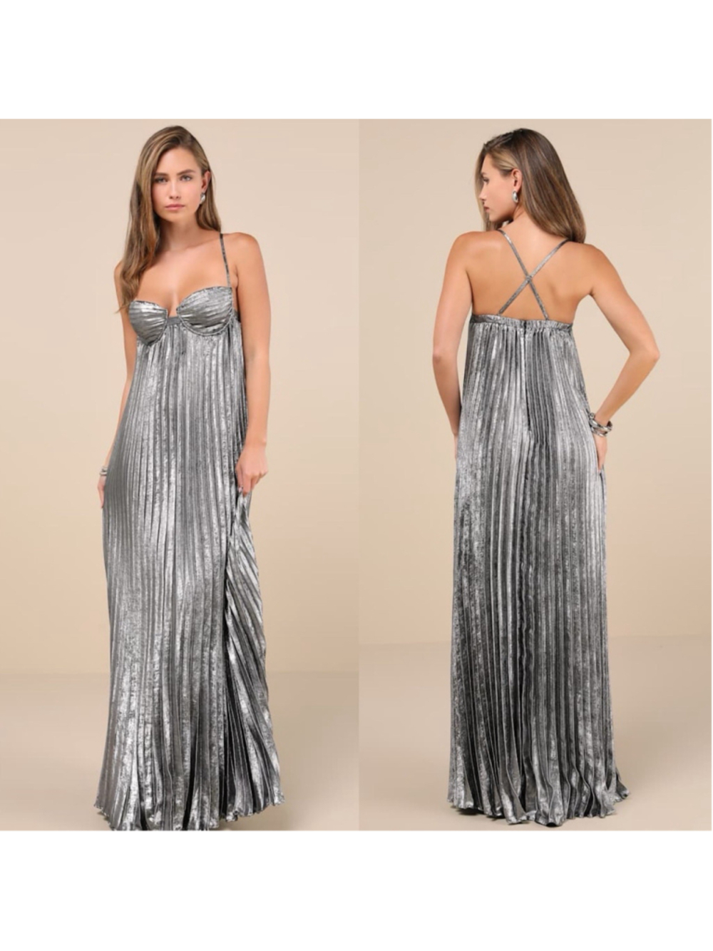 Lulus Allure Silver Metallic Lurex Pleated Goddess Flowy Maxi Dress S NWT